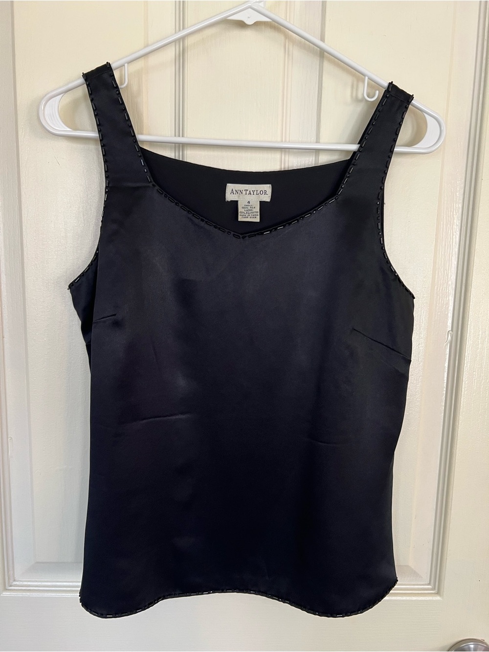 Vintage Ann Taylor 100% Silk Black Tank Top Beaded Trim